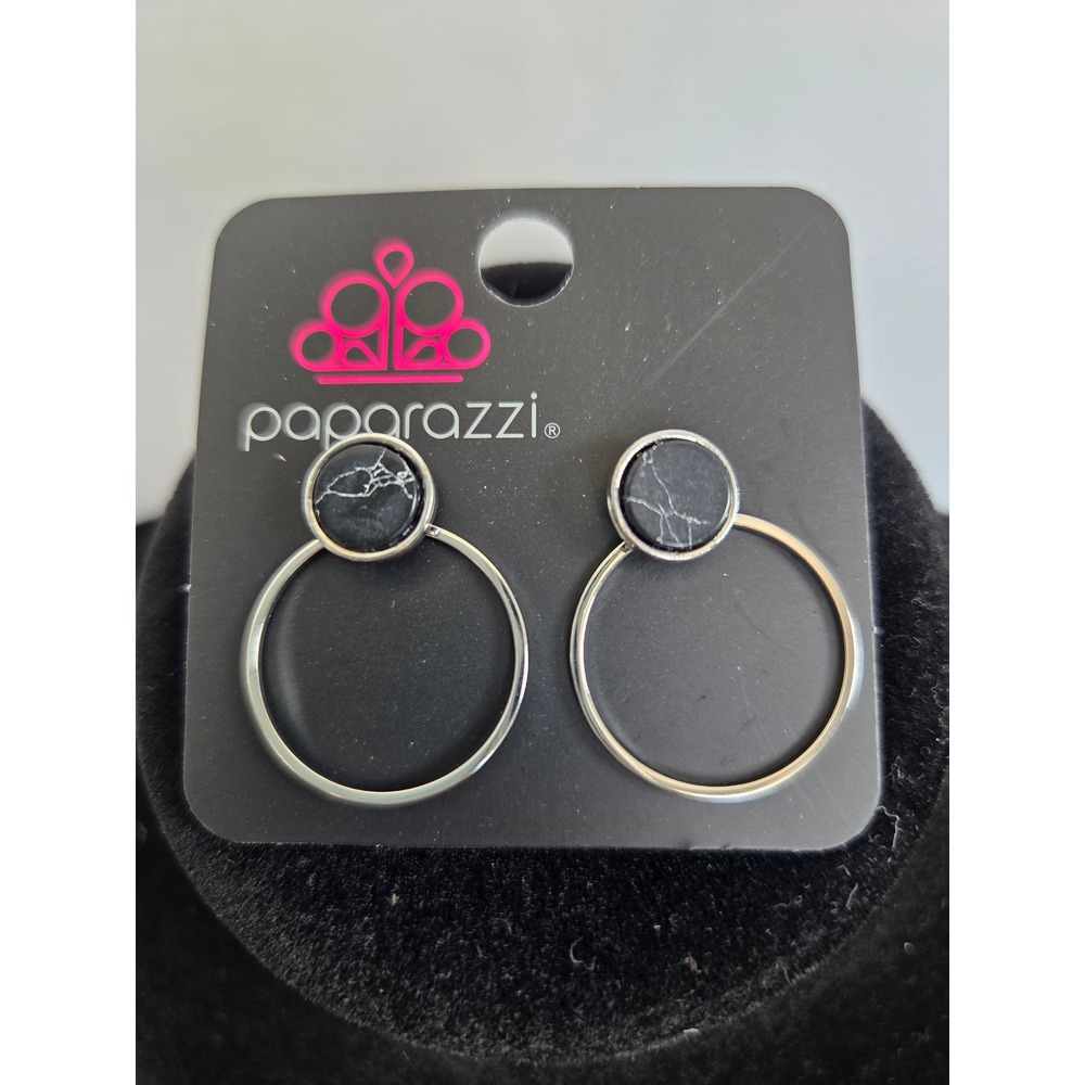Paparazzi Silver Tone Black Faux Marble Stone Geometric Circle Post Earrings